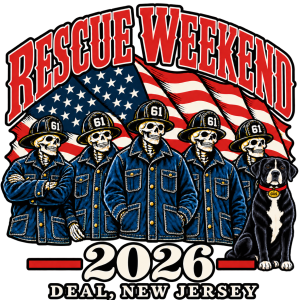 Rescue Weekend 2026 artwork with five firefighters, an American flag and Gus the dog
