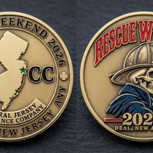 Front and back design preview of the Rescue Weekend 2026 challenge coin