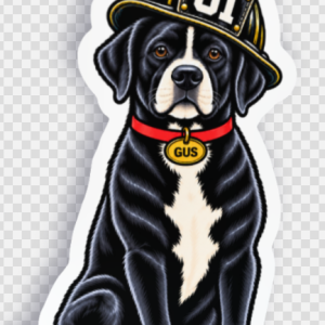 Gus the dog wearing firefighter helmet 61 and a red collar
