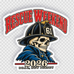 Rescue Weekend 2026 firefighter skull sticker with helmet 61 and Deal, New Jersey